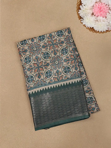 Beige with Green Geometric and Floral Printed Cotton Saree - Diadem