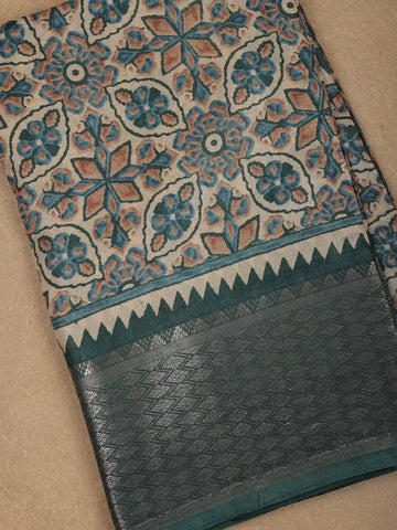 Beige with Green Geometric and Floral Printed Cotton Saree - Diadem