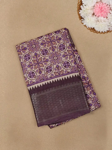 Beige with Purple Geometric and Floral Printed Cotton Saree - Diadem