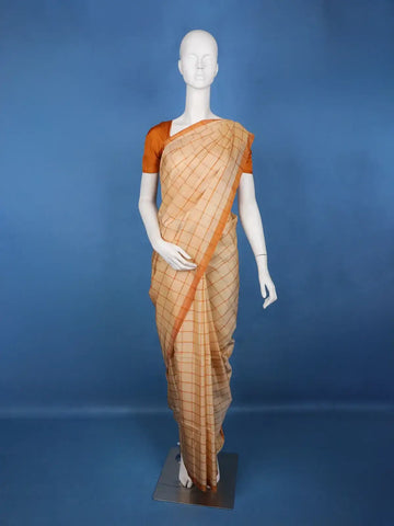 Beige with Rust Orange Checked Pattern Silk Saree - Diadem
