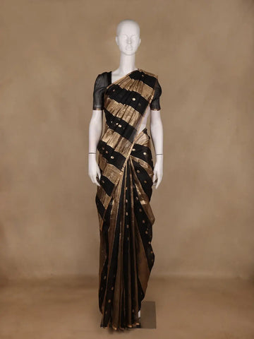 Black And Gold Striped Tissue Organza Saree With Zari Buttas - Diadem