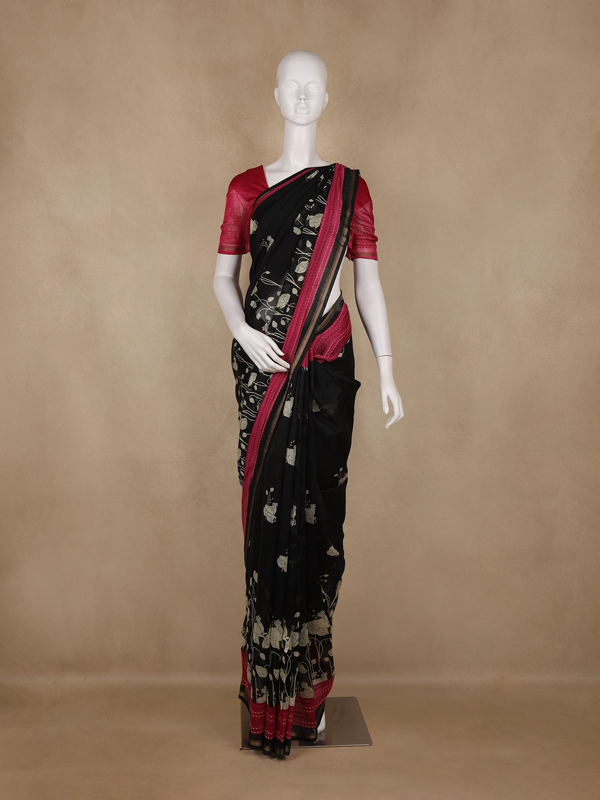 Black And Maroon Floral Printed Chandheri Cotton Saree