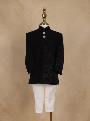 Black Bead Embroidered Indo-Western Kids Viscose Sherwani With White Pajama - Diadem