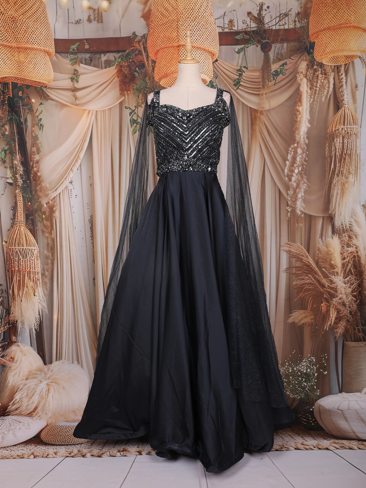 Black Beads Embroidered Design Satin Gown