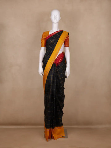 Black Checked Design Pure Kanchipuram Silk Saree - Diadem