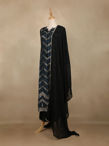 Black Chevron Design Cotton Straight Cut Salwar Suit - Diadem