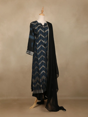 Black Chevron Design Cotton Straight Cut Salwar Suit - Diadem
