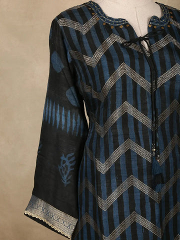 Black Chevron Design Cotton Straight Cut Salwar Suit - Diadem