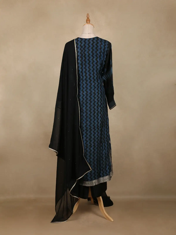 Black Chevron Design Cotton Straight Cut Salwar Suit - Diadem