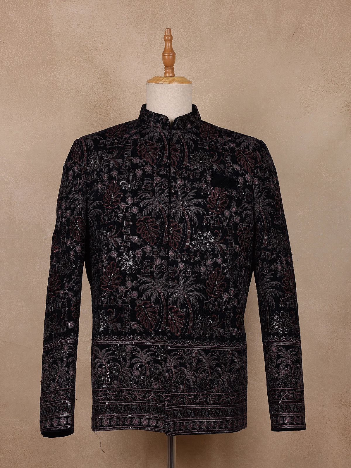 Black Floral And Tree Design Velvet Suit