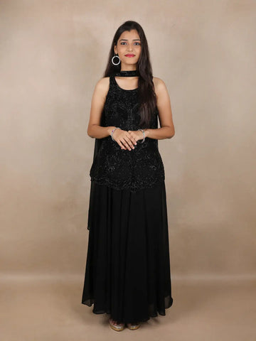 Black Floral Beads Embroidered Georgette Palazzo Suit with Dupatta - Diadem