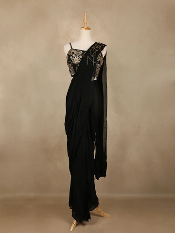 Black Floral Design Georgette Ready To Wear Saree with Designer Blouse - Diadem