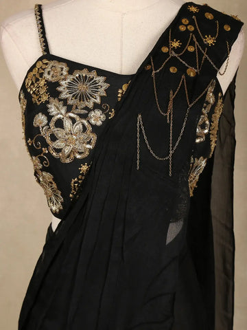 Black Floral Design Georgette Ready To Wear Saree with Designer Blouse - Diadem
