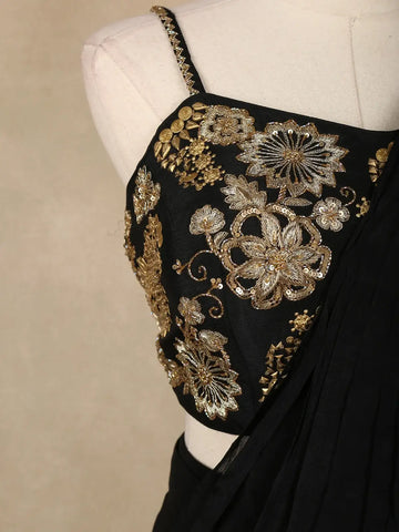 Black Floral Design Georgette Ready To Wear Saree with Designer Blouse - Diadem