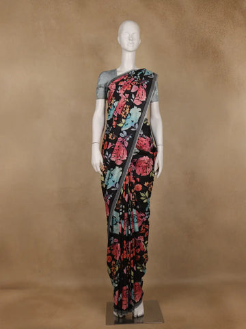 Black Floral Design Satin Saree - Diadem