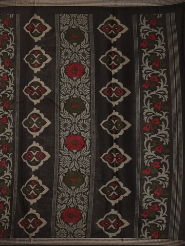 Black Floral Design Striped Border Cotton Saree - Diadem