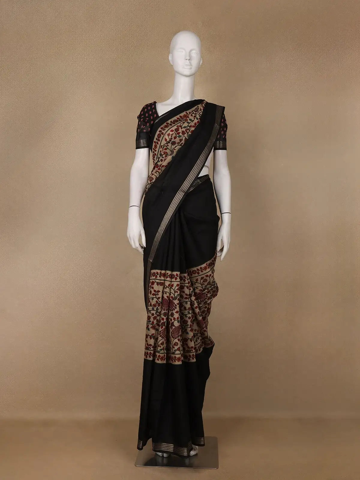 Black Floral Design Striped Border Cotton Saree - Diadem