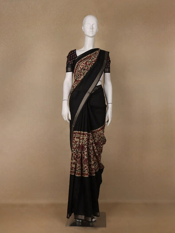 Black Floral Design Striped Border Cotton Saree - Diadem
