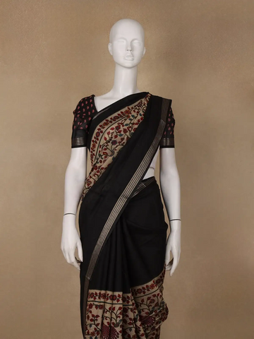 Black Floral Design Striped Border Cotton Saree - Diadem
