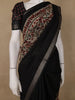 Black Floral Design Striped Border Cotton Saree - Diadem
