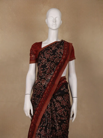 Black Floral Designed Cotton Saree - Diadem