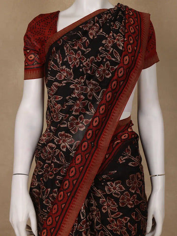 Black Floral Designed Cotton Saree - Diadem