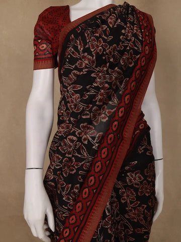 Black Floral Designed Cotton Saree - Diadem