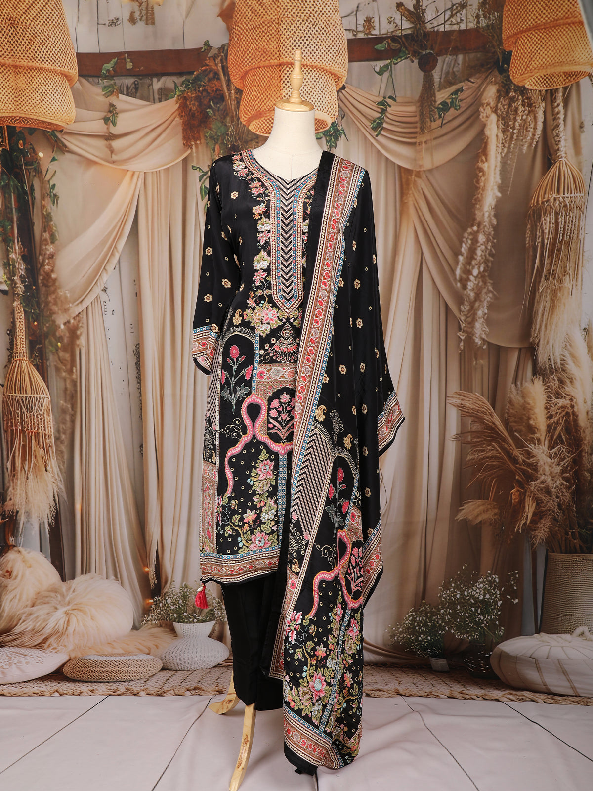 Black Floral Embroidered Crepe Salwar Suit