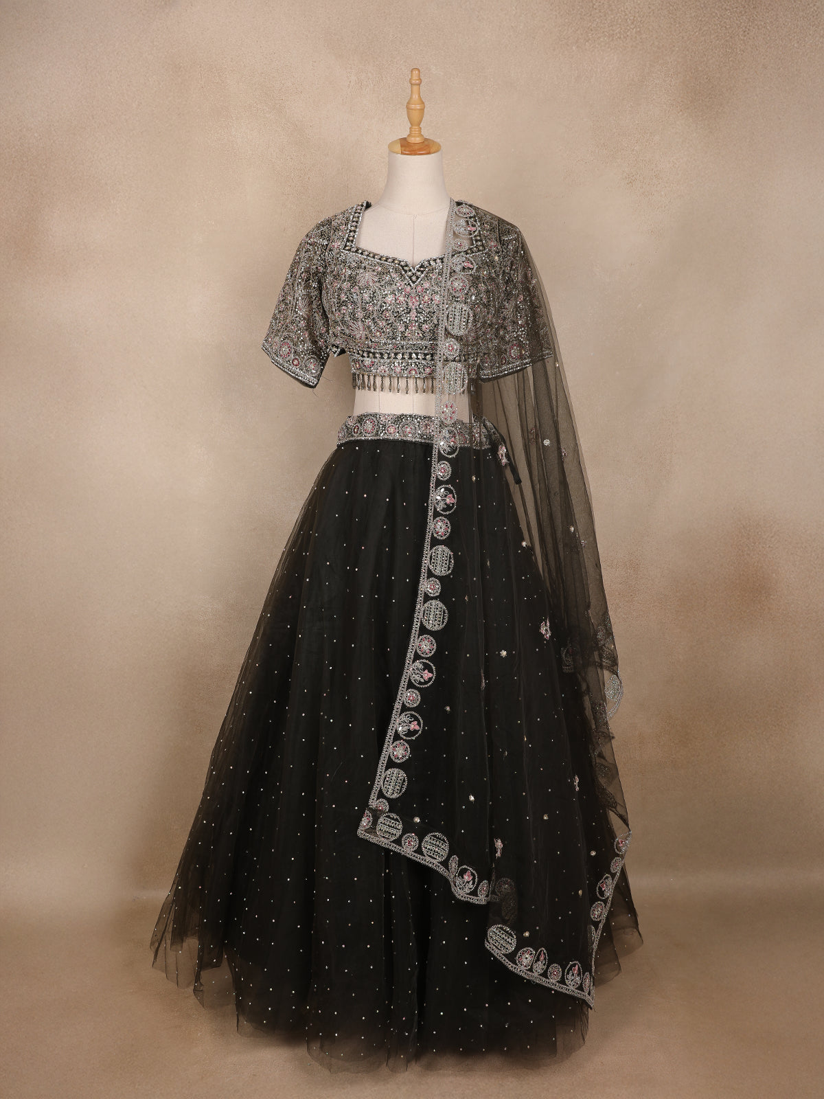 Black Floral Embroidered Design Net Lehenga