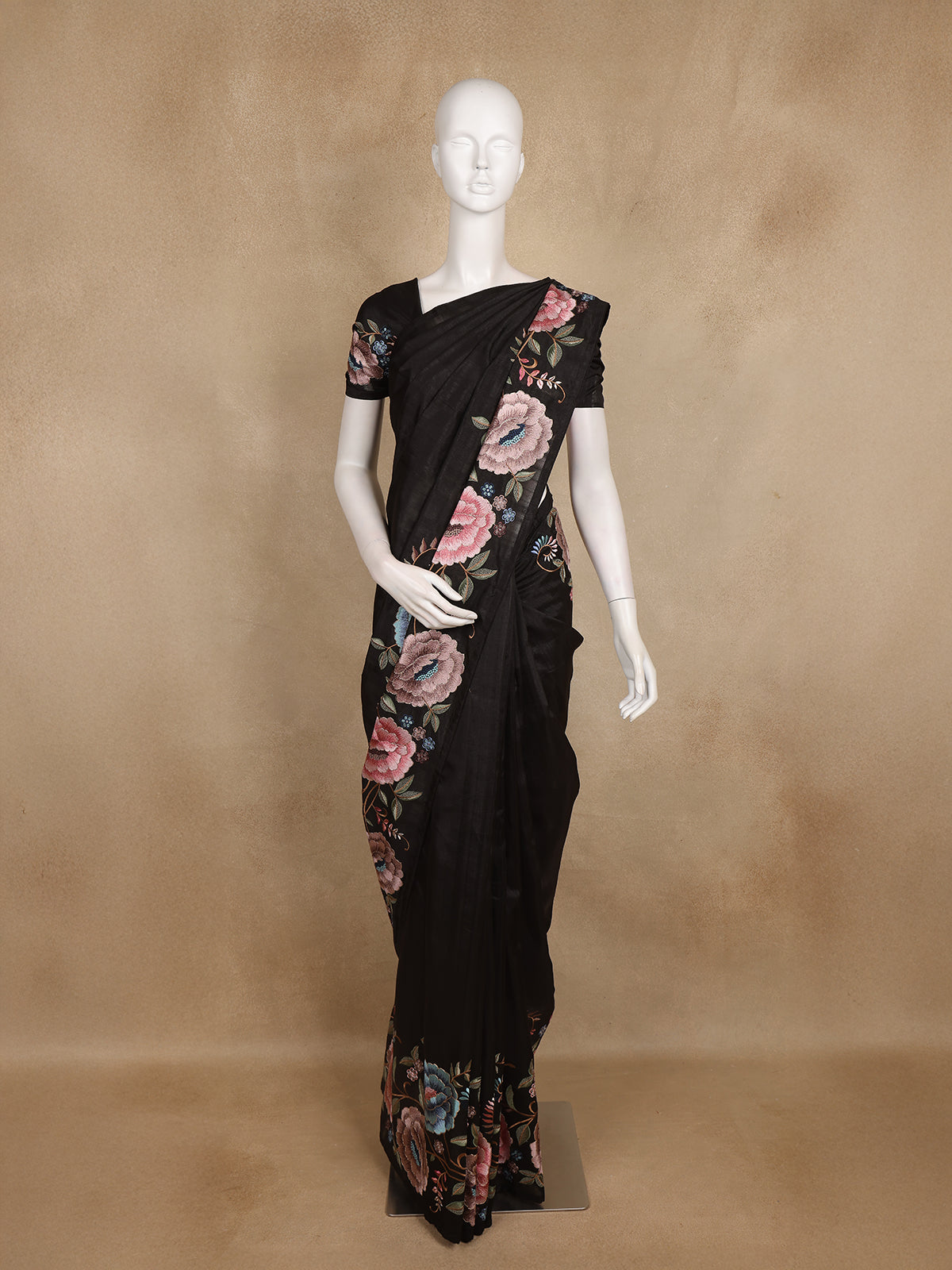 Black Floral Embroidered Design Tussar Silk Saree