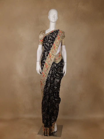Black Floral Embroidered Tussar Silk Saree - Diadem
