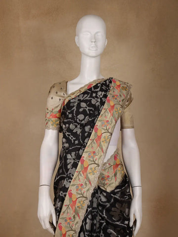 Black Floral Embroidered Tussar Silk Saree - Diadem