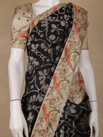 Black Floral Embroidered Tussar Silk Saree - Diadem