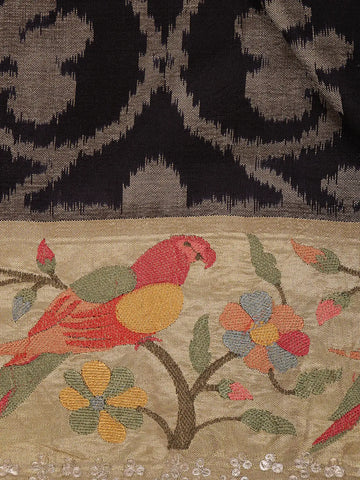 Black Floral Embroidered Tussar Silk Saree - Diadem