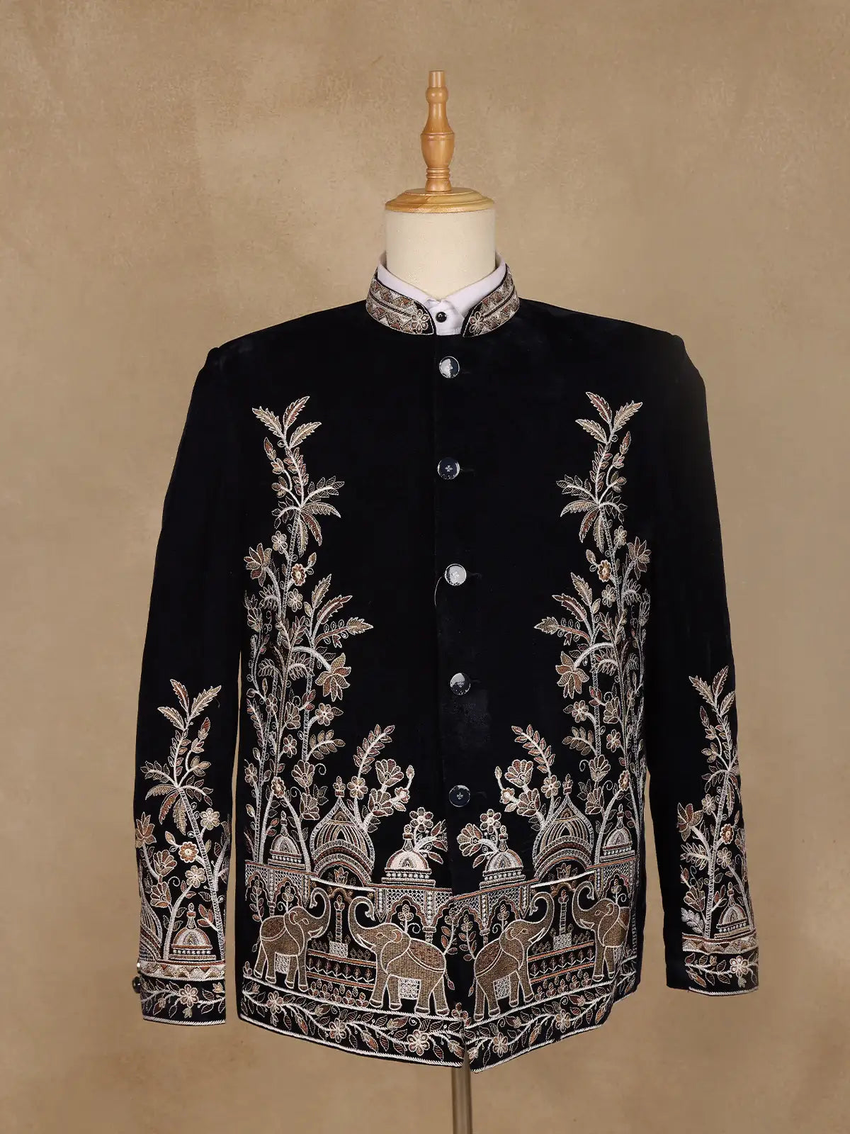 Navy Blue Floral Embroidered Velvet Men's Suit - Diadem