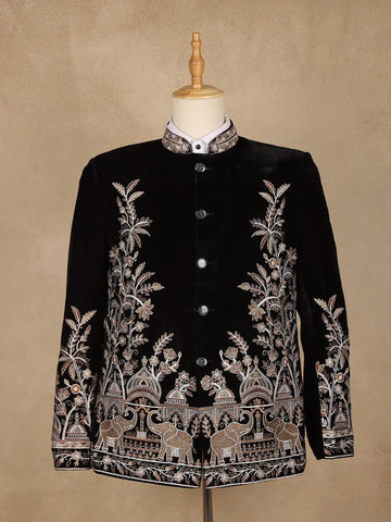 Black Floral Embroidered Velvet Men's Suit - Diadem