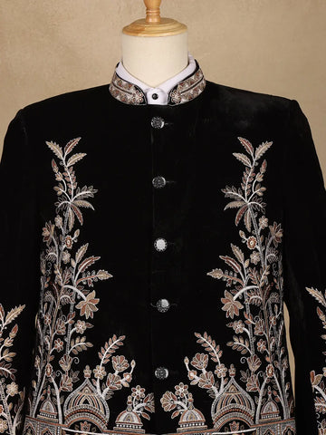 Black Floral Embroidered Velvet Men's Suit - Diadem