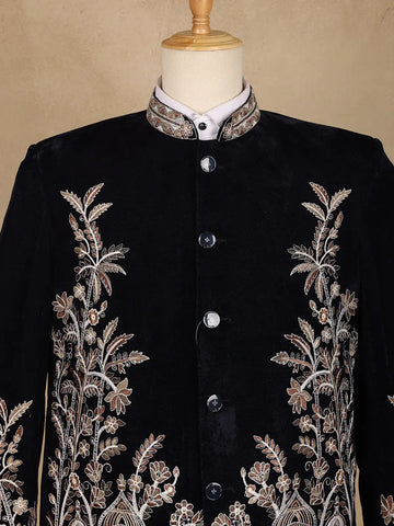 Navy Blue Floral Embroidered Velvet Men's Suit - Diadem