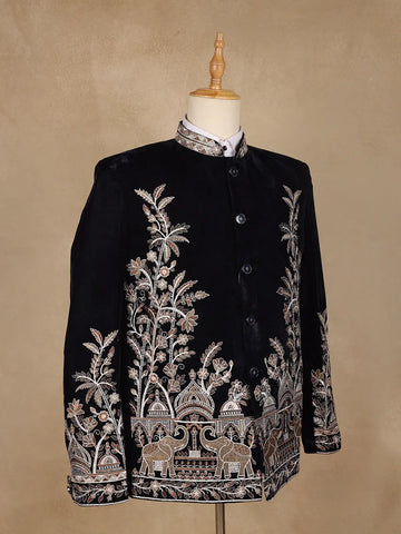 Navy Blue Floral Embroidered Velvet Men's Suit - Diadem