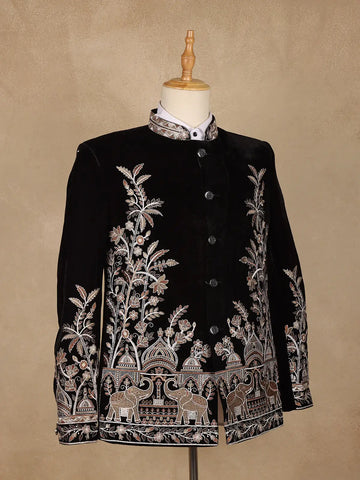 Black Floral Embroidered Velvet Men's Suit - Diadem