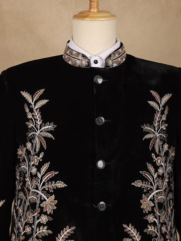 Black Floral Embroidered Velvet Men's Suit - Diadem