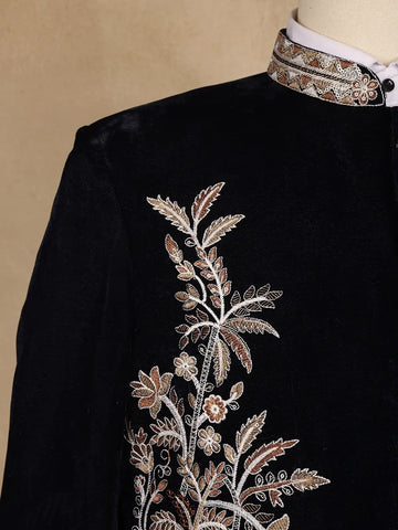 Navy Blue Floral Embroidered Velvet Men's Suit - Diadem