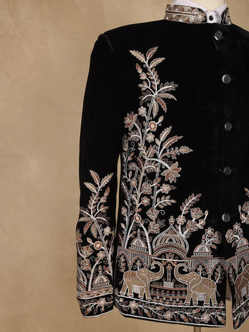 Black Floral Embroidered Velvet Men's Suit - Diadem