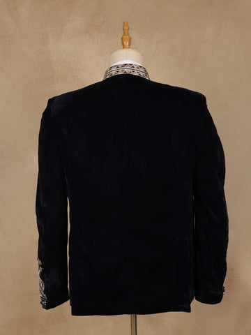 Navy Blue Floral Embroidered Velvet Men's Suit - Diadem