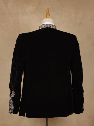 Black Floral Embroidered Velvet Men's Suit - Diadem