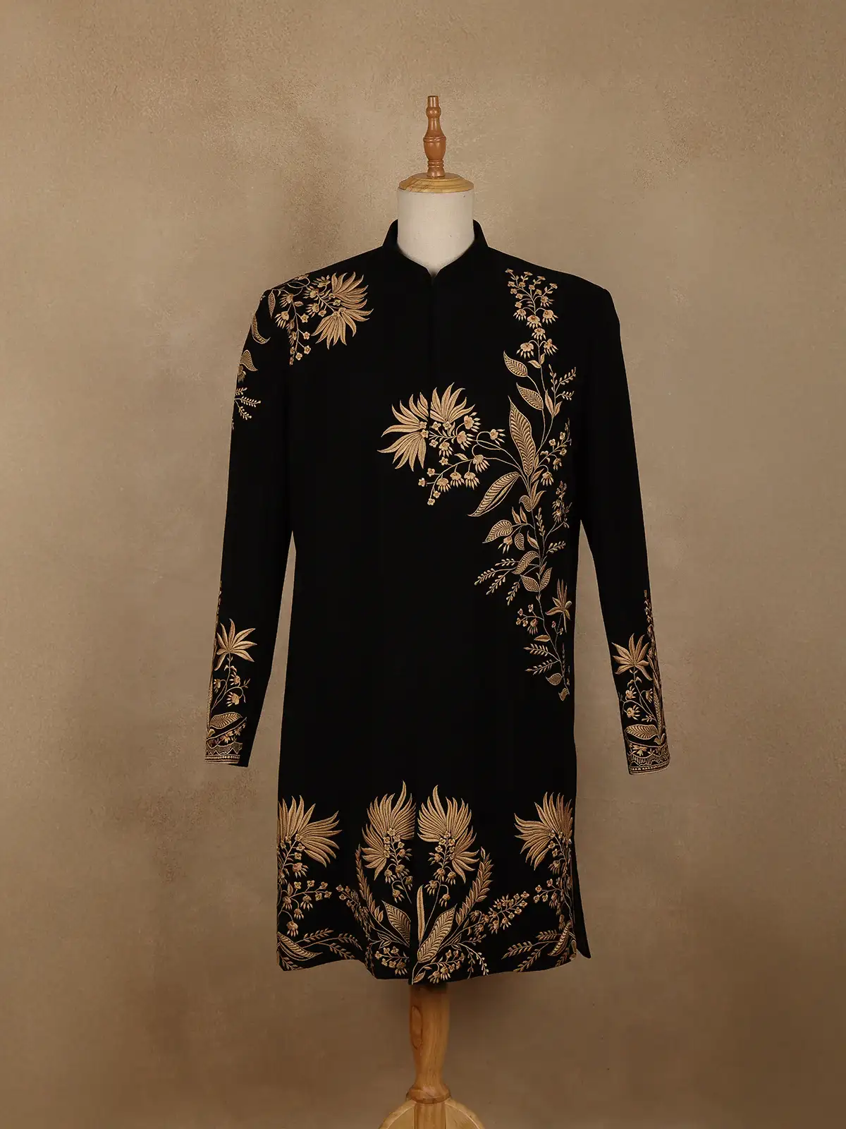 Black Floral Embroidered Viscose Sherwani Suit - Diadem