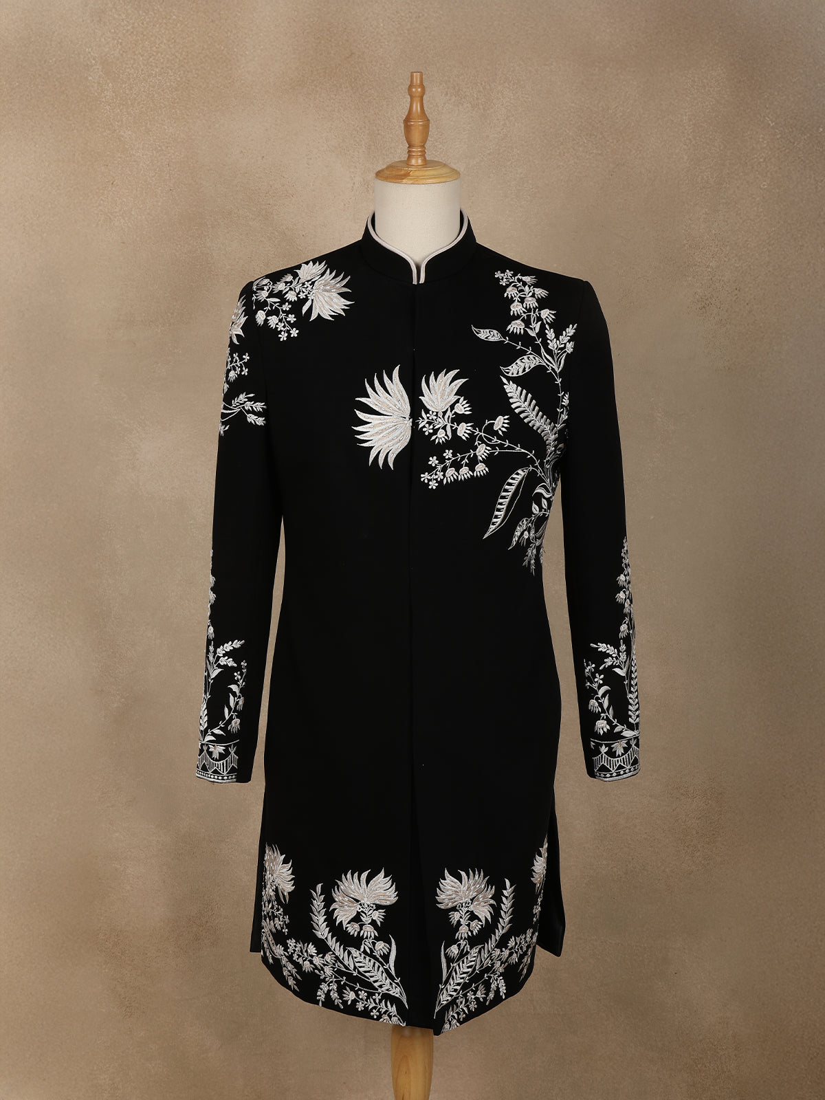 Black Floral Embroidered Viscose Sherwani Suit