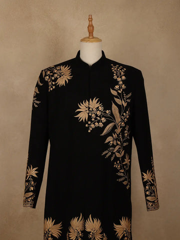 Black Floral Embroidered Viscose Sherwani Suit - Diadem