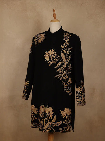 Black Floral Embroidered Viscose Sherwani Suit - Diadem