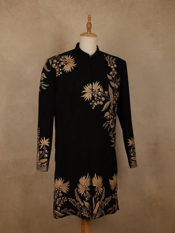 Black Floral Embroidered Viscose Sherwani Suit - Diadem